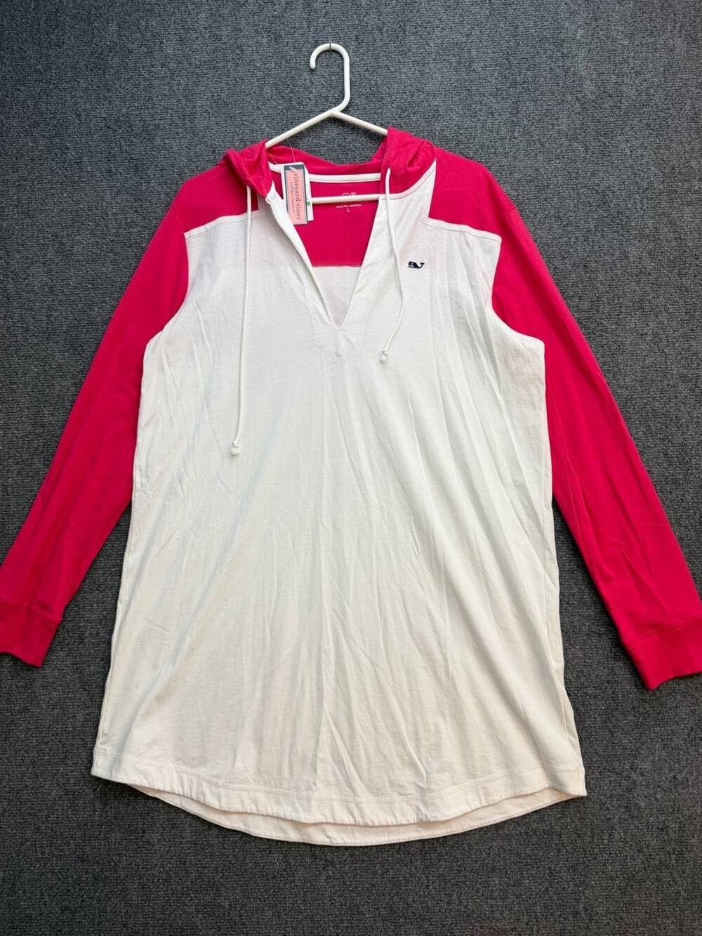 Vineyard Vines Women's L Hooded Swim Cover Up Tunic Pink White Cotton NWT